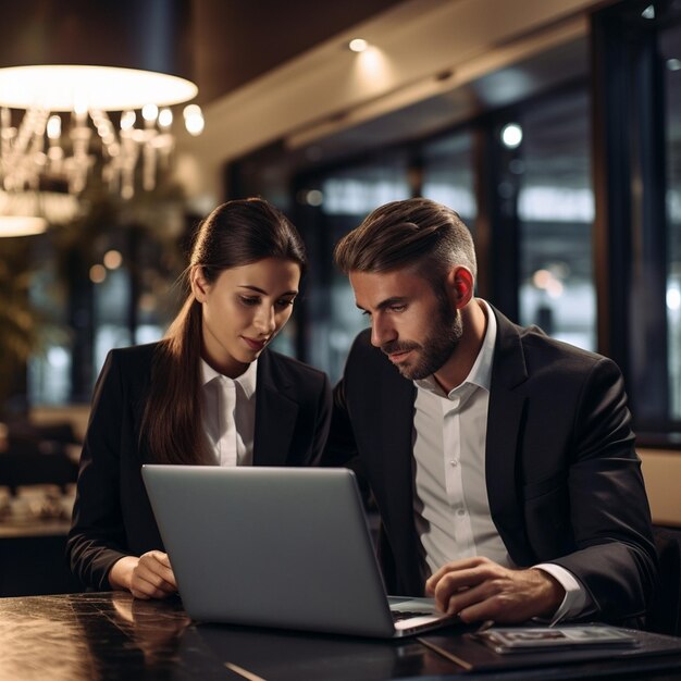 homem e mulher de negócios trabalhando em laptop analisam em um projeto reunião de negócios no escritório IA gerar