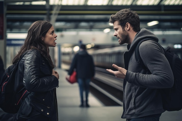 Homem e mulher discutindo na plataforma da estação de metrô