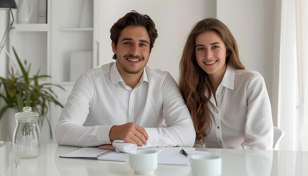 Foto homem e mulher em escritório branco sentados à mesa com laptop