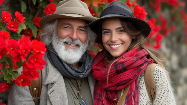 Foto homem e mulher em frente a flores vermelhas