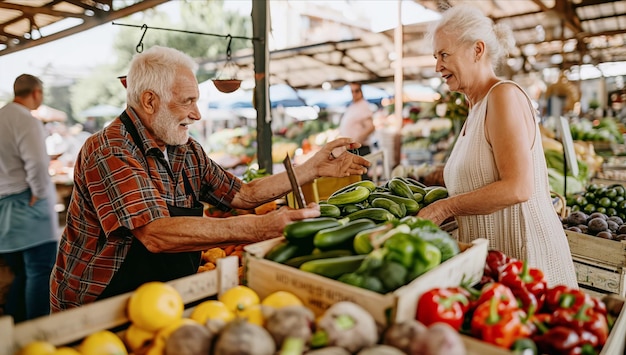 Homem e mulher em uma exposição de vegetais