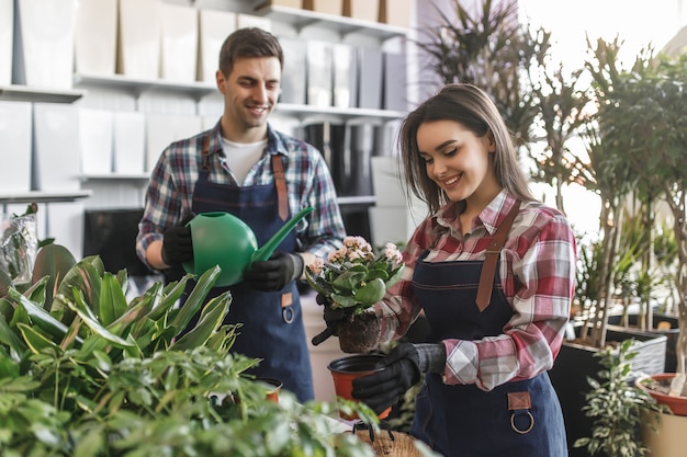 Homem e mulher em uma floricultura