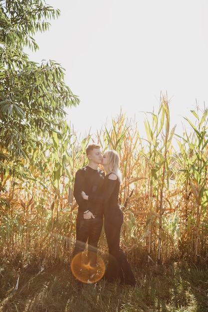 Homem e mulher estão perto do milho. Conceito de amor e felicidade. Casal em campo. Tempo de outono.