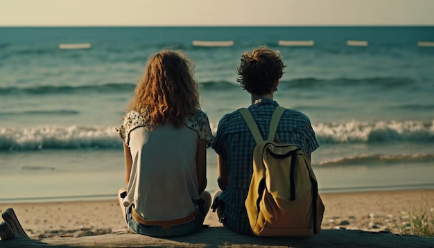 Homem e mulher estão sentados na praia com vista para o mar Generative AI