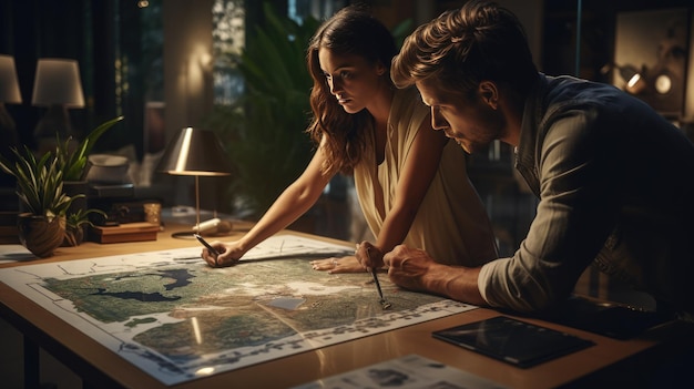 Foto homem e mulher estudando juntos um mapa para saber como chegar na rua