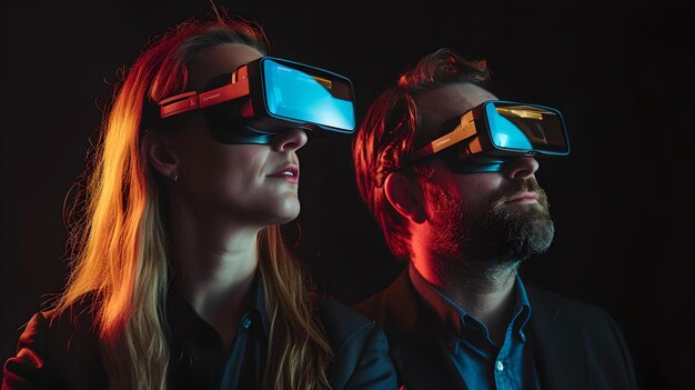 Homem e mulher experimentando a realidade virtual em uma sala escura conceito de entretenimento moderno fone de ouvido VR de moda uso de tecnologia em evolução AI