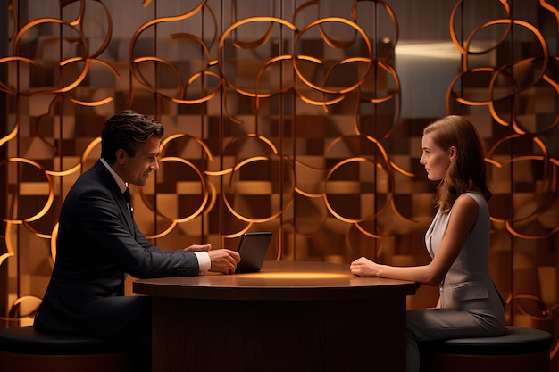 Homem e mulher fazendo entrevistas na recepção do hotel