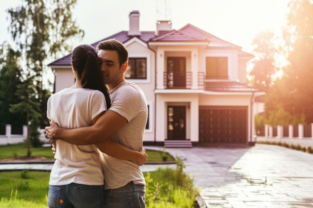 Homem e mulher felizes em frente a uma casa recém-construída