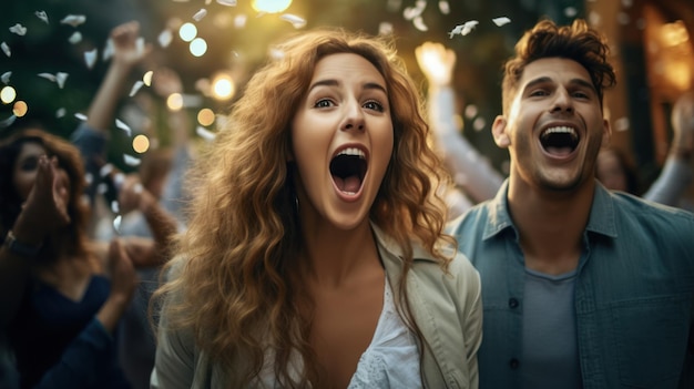 Homem e mulher hipster entusiasmados ganhando na loteria da internet Apostando em sites de smartphones modernos casal feliz apaixonado celebra a vitória