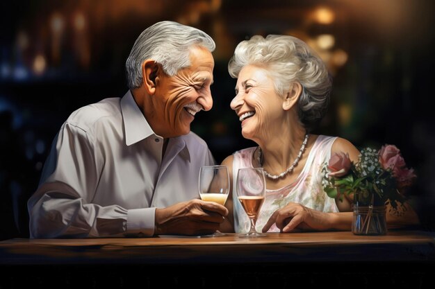 Homem e mulher idosos segurando um copo de vinho em uma pintura