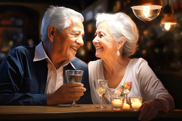 Foto homem e mulher idosos sentados à mesa conversando