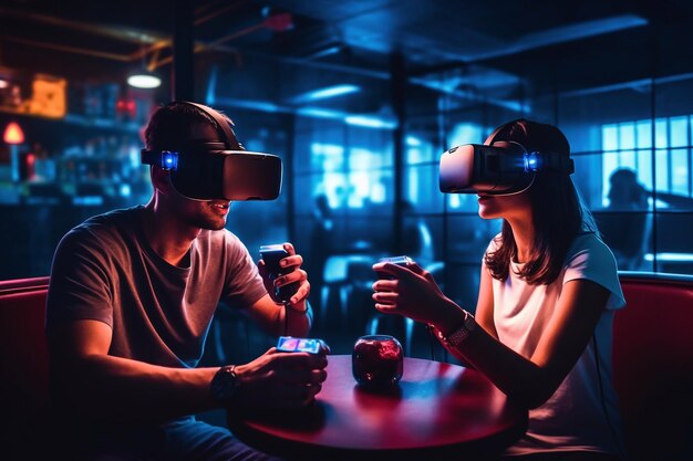 Homem e mulher jogando usando fone de ouvido de realidade virtual e gamepads na sala escura do clube de jogo Generative AI