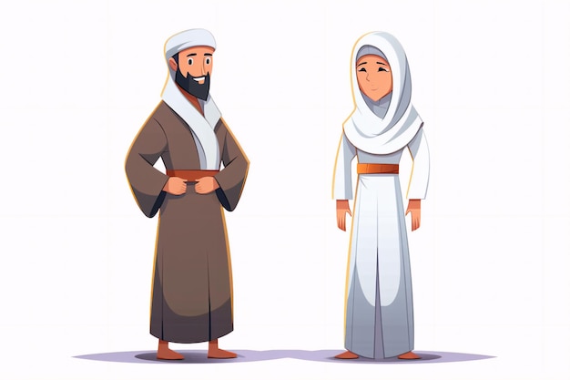 Homem e mulher muçulmanos de desenho animado vestindo roupas ihram generativas ai