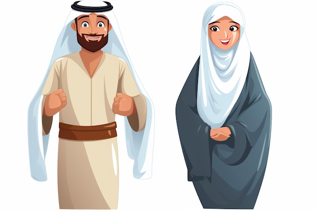 Foto homem e mulher muçulmanos de desenho animado vestindo roupas ihram generativas ai