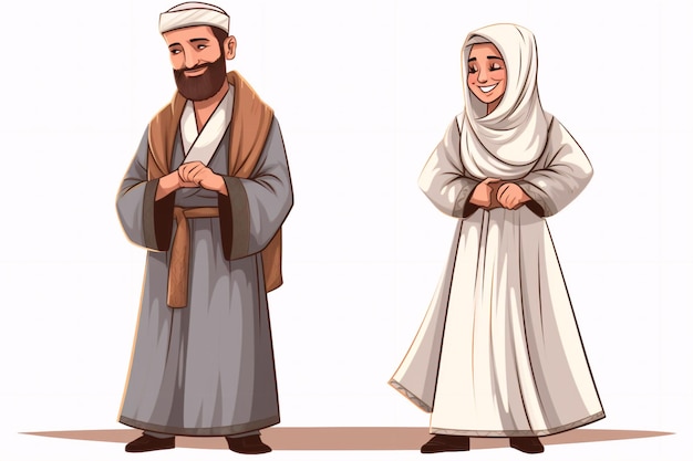 Homem e mulher muçulmanos de desenho animado vestindo roupas ihram generativas ai