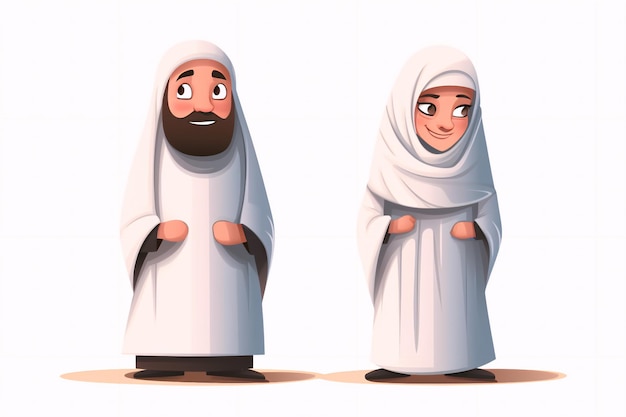 Homem e mulher muçulmanos de desenho animado vestindo roupas ihram generativas ai