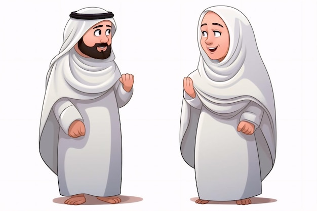 Foto homem e mulher muçulmanos de desenho animado vestindo roupas ihram generativas ai