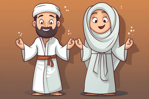 Homem e mulher muçulmanos de desenho animado vestindo roupas ihram generativas ai