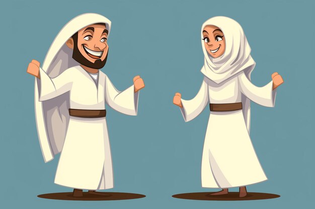 Foto homem e mulher muçulmanos de desenho animado vestindo roupas ihram generativas ai