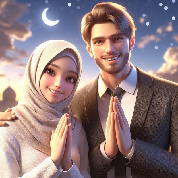 Homem e mulher o fundo é a tarde do mês de ramadã