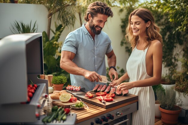 Foto homem e mulher preparam a comida