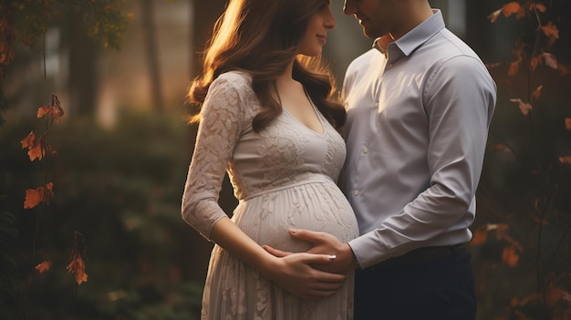 Homem e mulher segurando grávida bump esperando bebê Família feliz mãos no estômago close-up