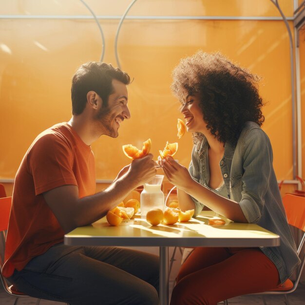 Foto homem e mulher sentados à mesa com laranjas