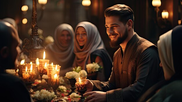 Homem e mulher sentados juntos em frente a velas criando uma atmosfera relaxante e romântica