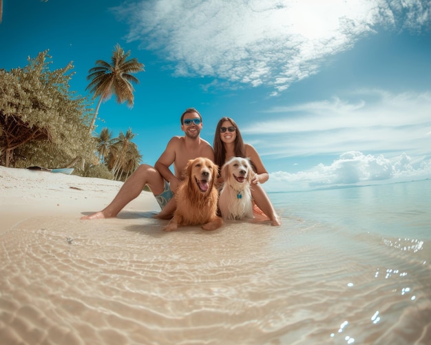 Foto homem e mulher sentados na praia com dois cães ia generativa