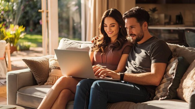 Homem e mulher sentados no sofá com um laptop