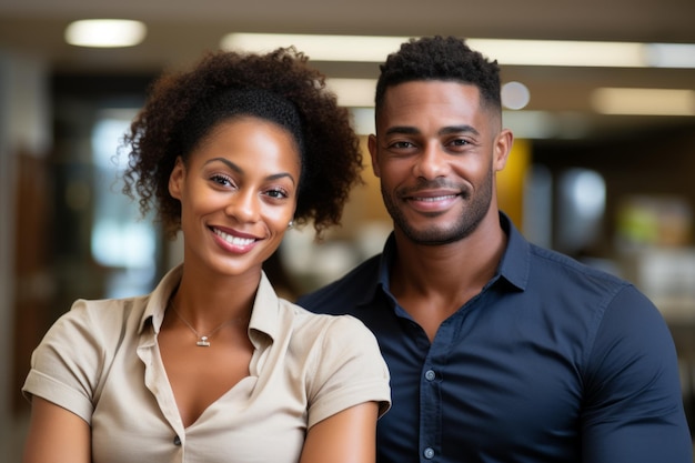 Homem e mulher sorridente com cabelo afro