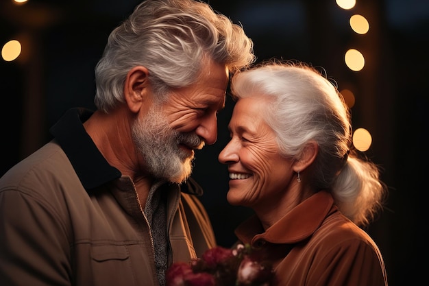 Homem e mulher sorrindo um para o outro com luzes no fundo IA generativa