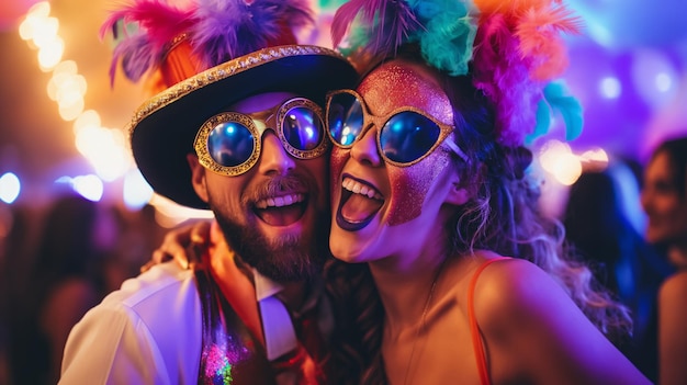 Homem e mulher usando óculos de sol e chapéus posando em trajes bobos e fazendo rostos engraçados carnaval