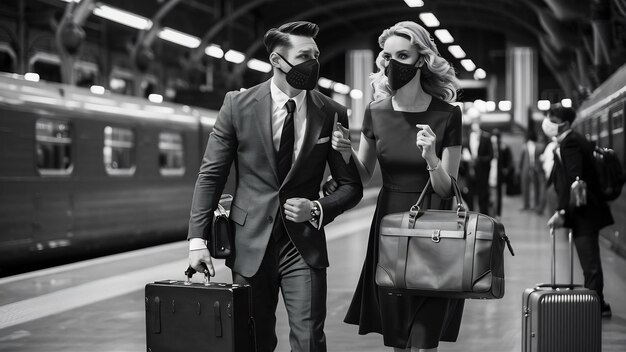 Foto homem e mulher vestidos para viajar usando máscaras junto com bagagem