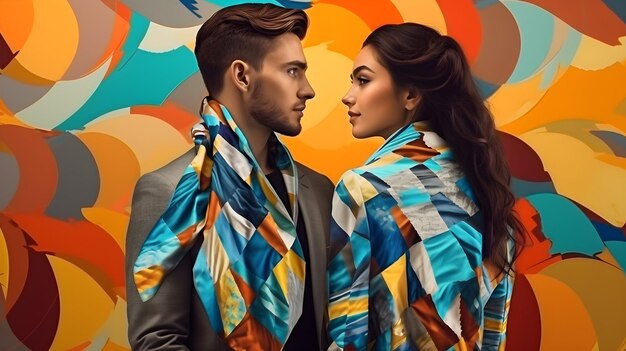 Foto homem e mulher vestindo roupas coloridas com óculos em fundo colorido