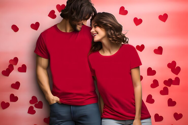 Foto homem e mulheres vestindo t-shirt vermelho em branco valentino casal mockup de camisa vermelha