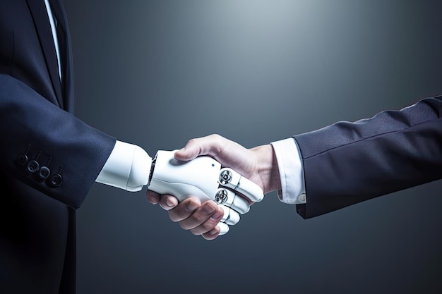 Homem e robô apertam as mãos A tecnologia encontra a humanidade IA generativa