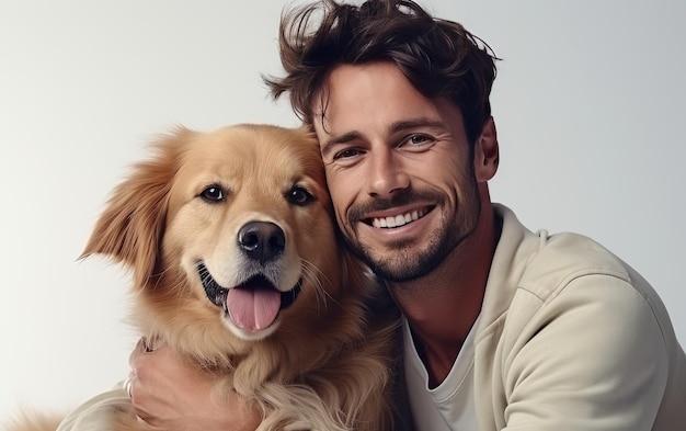 Homem e seu amigo peludo isolado em um fundo branco