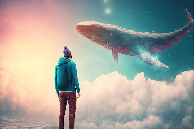 Homem e uma baleia Conceito de jornada no espaço exterior mostrando um homem olhando para a baleia gigante voando no lindo céu Pintura de ilustração de estilo de arte digital