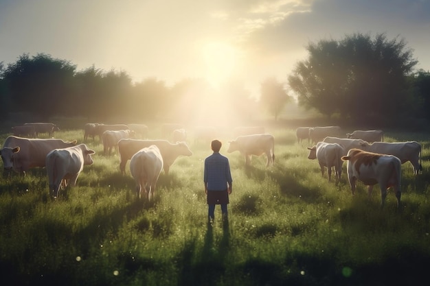 Homem e vacas em IA generativa de campo