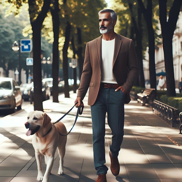 Homem elegante caminhando com seu Labrador Retriever em um dia ensolarado de outono na cidade
