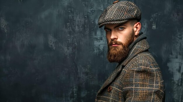 Homem elegante com barba em boné de tweed clássico
