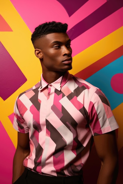 Homem elegante com camisa de padrão geométrico contra um fundo abstrato colorido e vibrante