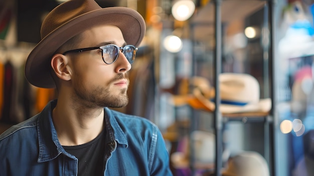 Foto homem elegante com chapéu refletindo em uma loja moderna interior moda casual estilo de vida urbana contemplativo cliente masculino ia