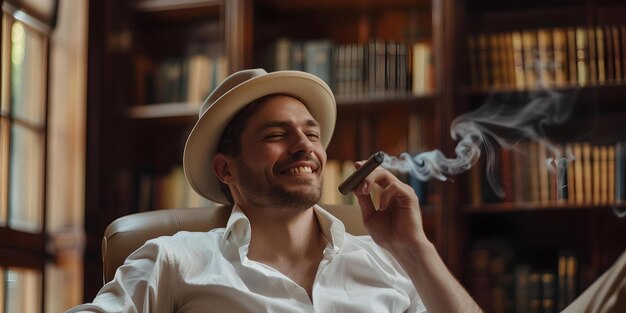 Foto homem elegante com chapéu sorrindo desfrutando de um charuto em uma biblioteca conceito de relaxamento de estilo de vida casual capturado em tons quentes sessão de fotos com uma vibração vintage ai