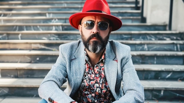 Foto homem elegante com chapéu vermelho e óculos de sol nas escadas urbanas