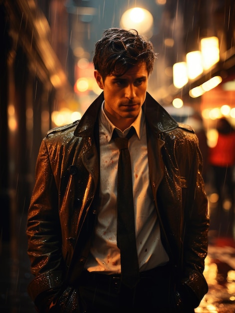 Homem elegante de casaco e traje na rua