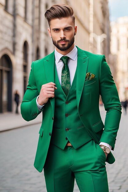 Foto homem elegante de terno verde ao ar livre conceito stpatrick's day