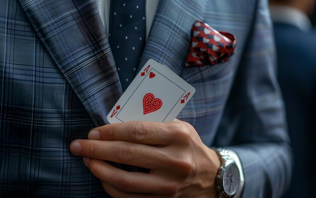 Foto homem elegante em um terno a quadros segurando um coração jogando cartas moda e conceito de mistério close-up de uma roupa elegante e um truque de cartas cavalheiros modernos vestem ai