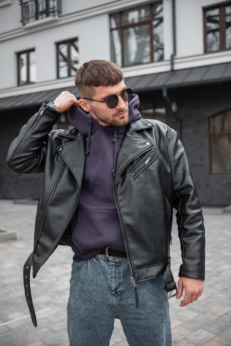 Foto homem elegante hipster bonito com óculos de sol em uma jaqueta de couro preta na moda e capuz andando na cidade e vestindo um capuz estilo streetwear masculino